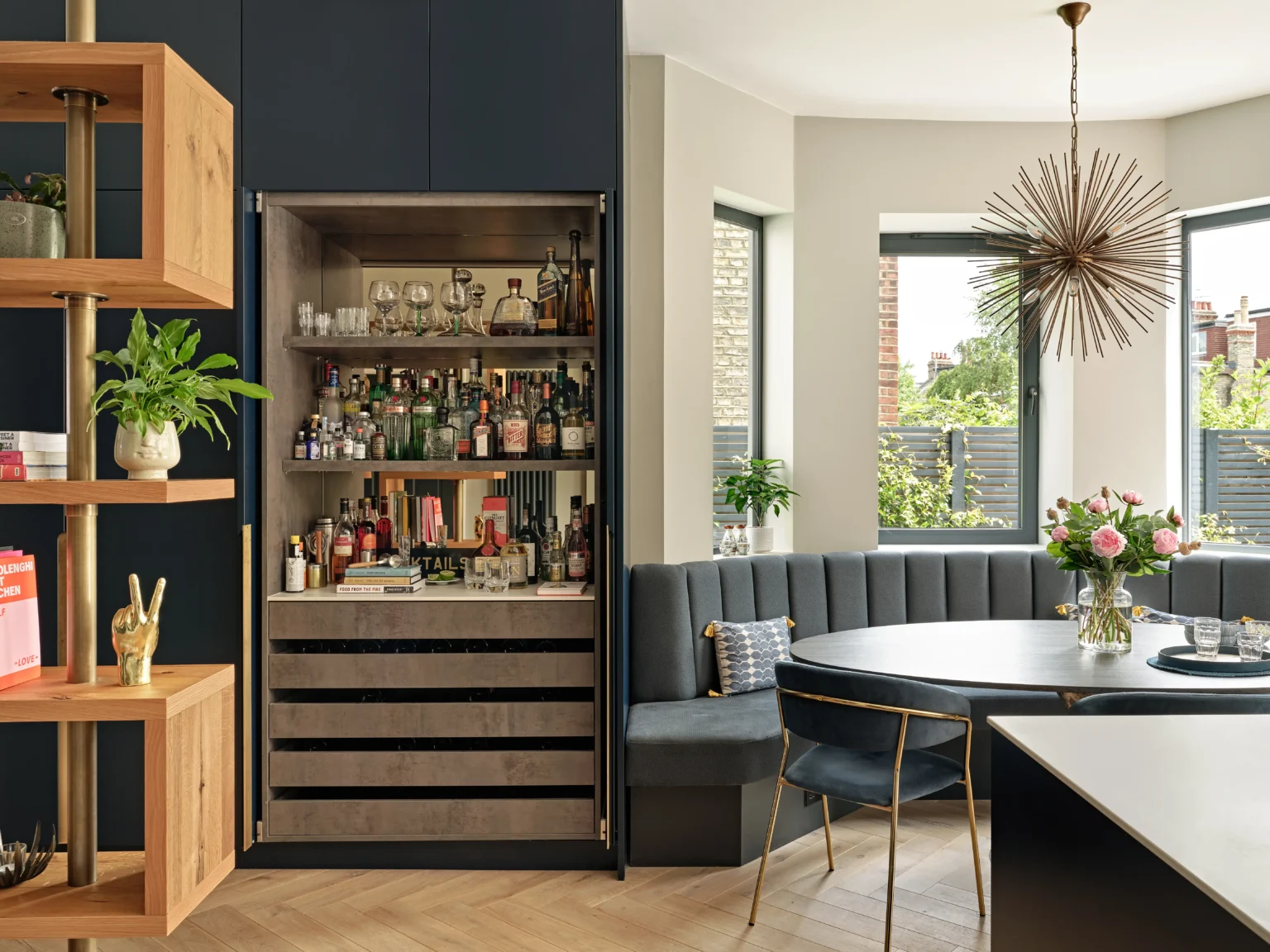 Bespoke drinks cabinet and bay window seating, Muswell Hill