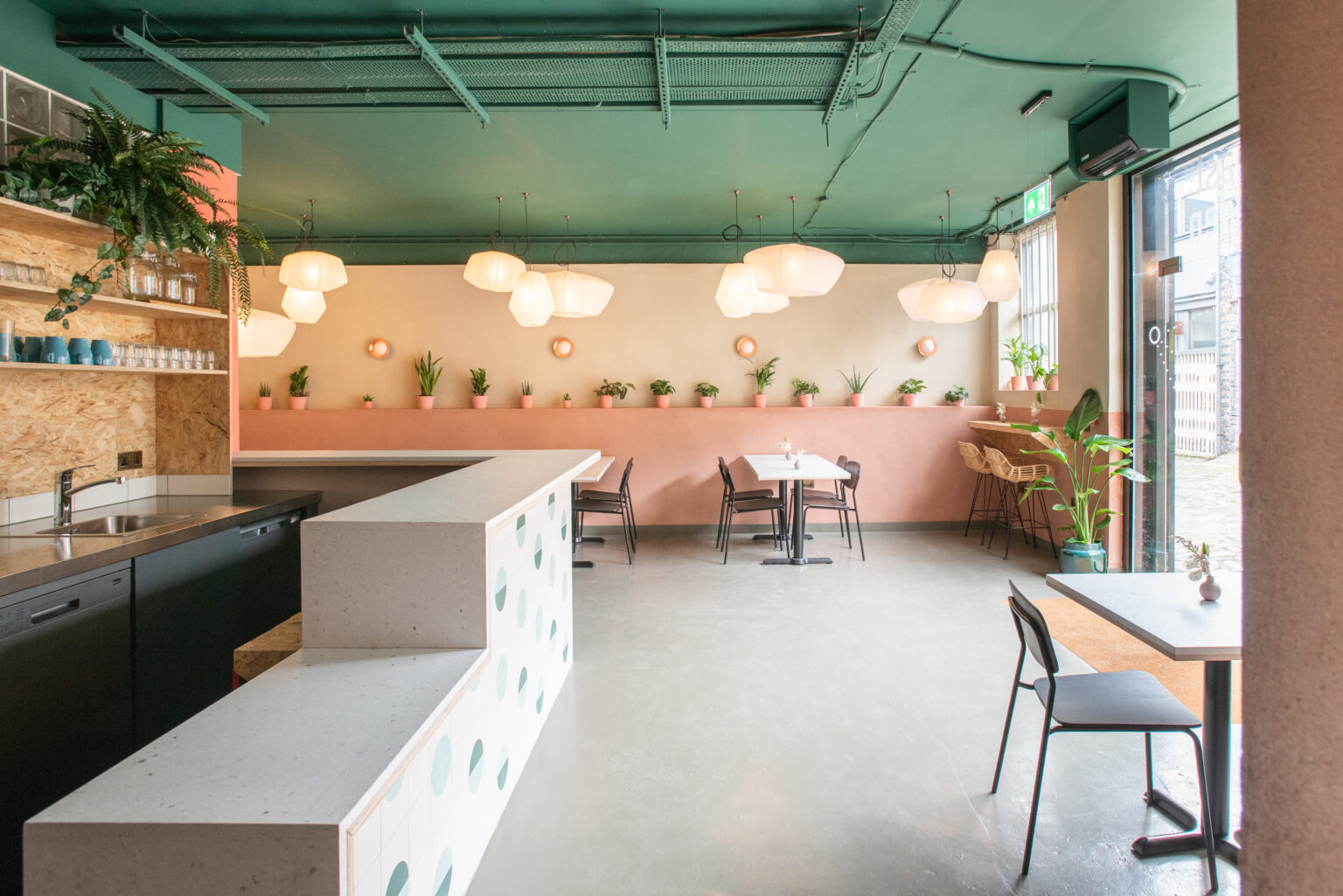 Main space: banquette seating and pendants