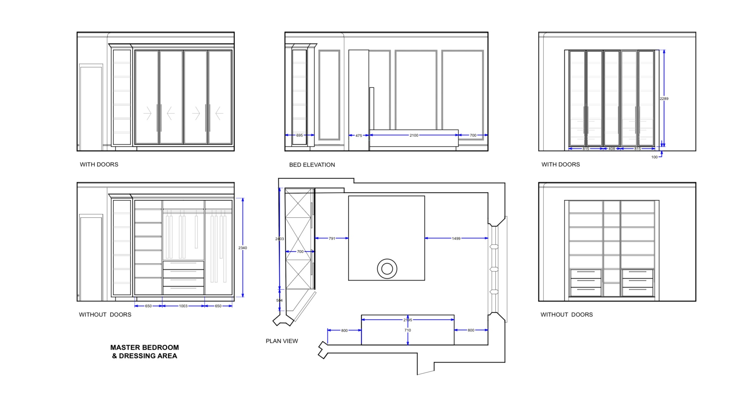 Garrity design drawings: elevations and plan for a master bedroom and dressing area